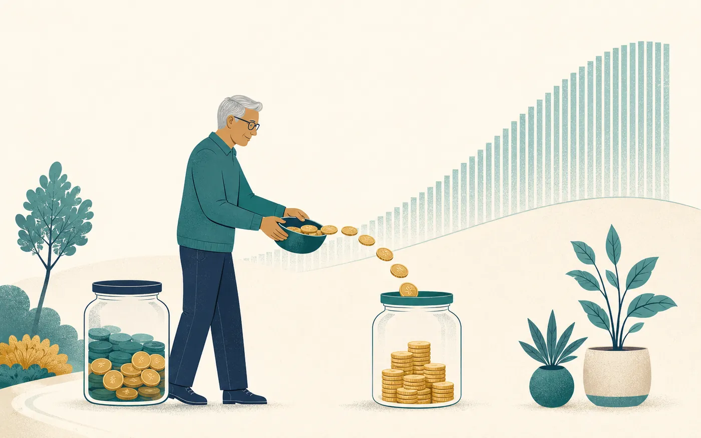 Editorial illustration of money being moved from a taxed-later account into a tax-free account ahead of a rising wave of required distributions.