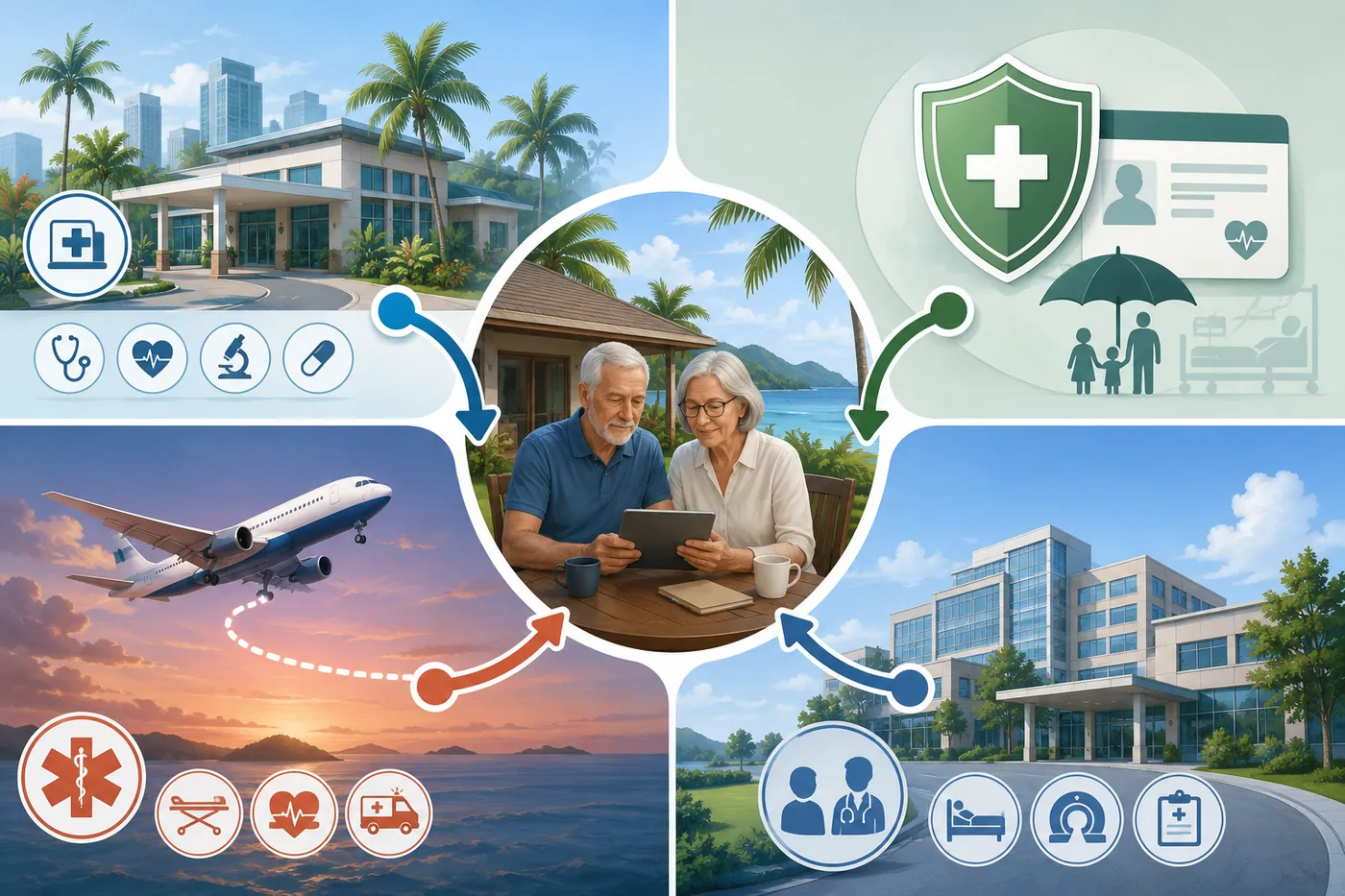 Painted illustration of an older couple at a wooden table on a seaside veranda under palm trees, reading a tablet together, set in a circle at the center of four healthcare panels whose arrows point in toward them: a tropical clinic beside a city skyline with stethoscope, heart, microscope and pill icons; a green insurance shield, a health ID card and an umbrella over a family; a plane over the sea at sunset with emergency, stretcher and ambulance icons; and a large modern hospital with doctor, hospital bed, scanner and clipboard icons.