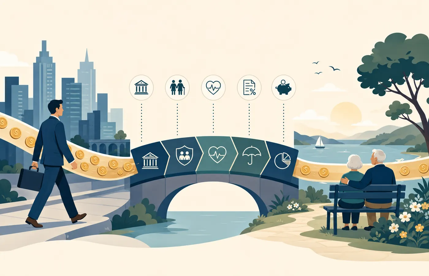 Editorial illustration of the transition into retirement: a working professional crosses a bridge marked with income, family, healthcare, tax, and portfolio icons, arriving at a retired couple on a bench by the water.