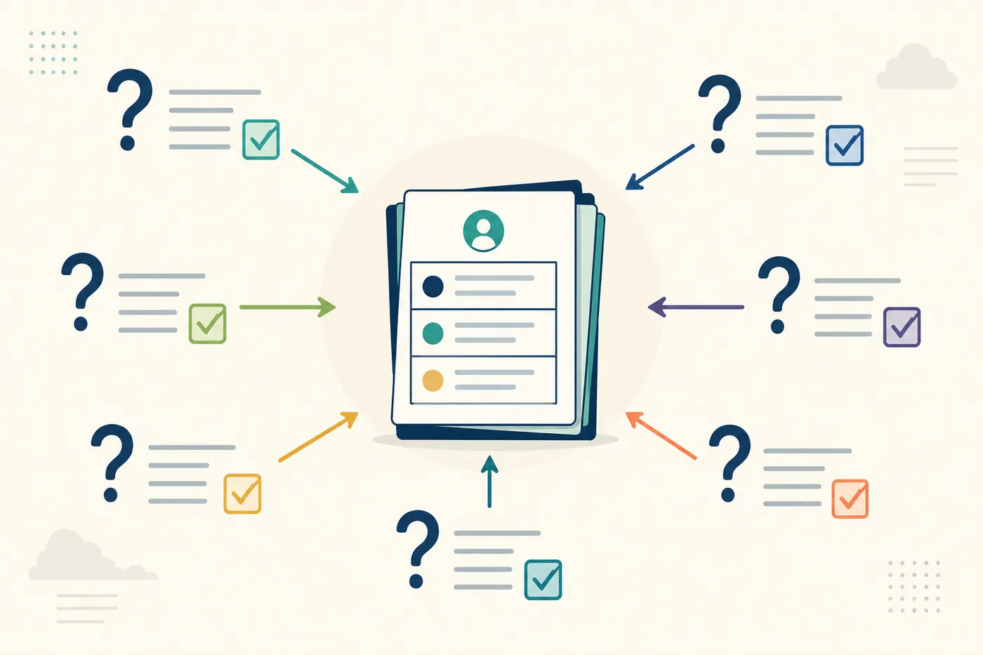 Editorial illustration of a retirement plan being questioned from many angles, with a checklist of questions pointing at a stack of phase cards.