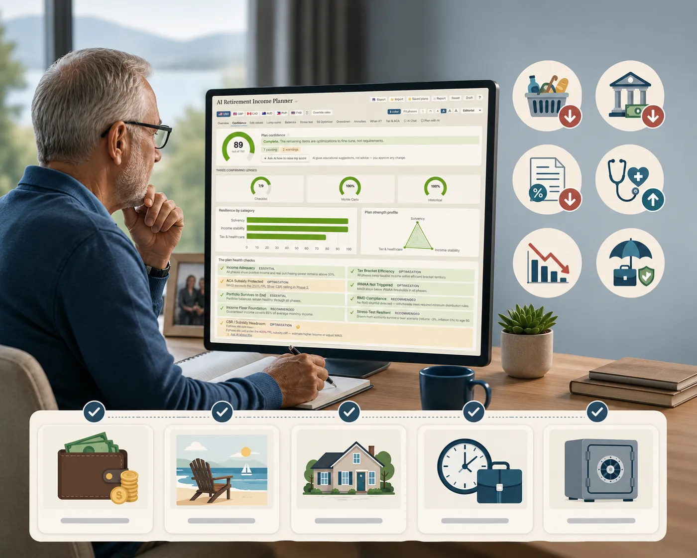 A grey-haired man in a blue sweater sits at a home desk with a notebook and pen, studying a monitor showing the AI Retirement Income Planner on its Confidence tab: a plan confidence score of 89 out of 100, seven checks passing and two warnings, three confirming lenses reading Checklist 7 of 9, Monte Carlo 100% and Historical 100%, resilience bars for solvency, income stability and tax and healthcare, and the plan health checks listed beneath. Six round icons beside the screen stand for groceries, banking, tax, healthcare, markets and insurance, most carrying a red downward arrow. A row of five ticked cards runs along the bottom for cash, travel, housing, work and savings.