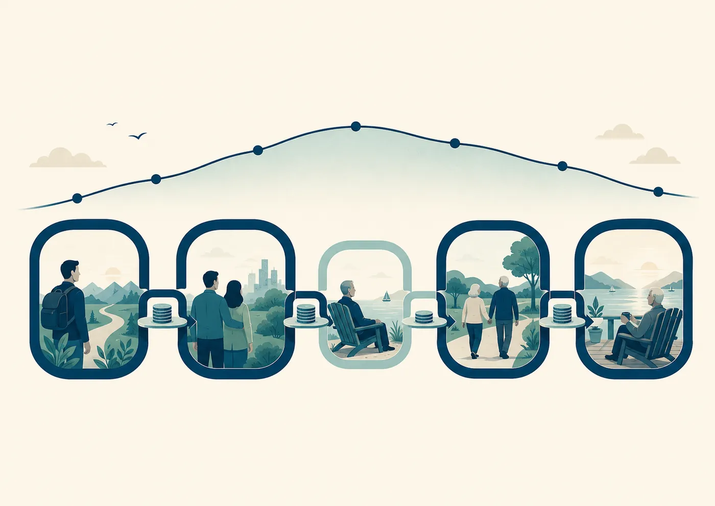 Editorial illustration of retirement as a chain of phases, each phase passing its ending balance to the next like links in a chain, with a portfolio line rising and falling over time.