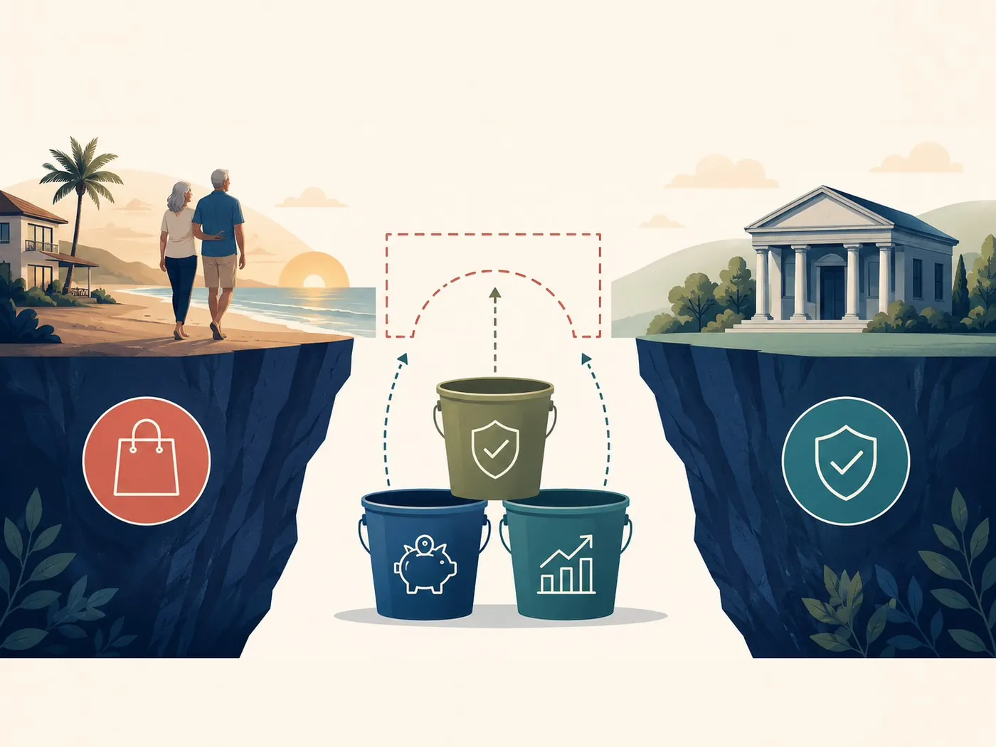 Illustration of a retired couple walking along a beach on one cliff edge and a bank building on the other, with a shopping-bag icon on the near cliff, a shield on the far one, and three stacked buckets marked with a piggy bank, a rising chart and a shield in the gap below, dashed arrows rising from them to the dashed outline of a bridge.