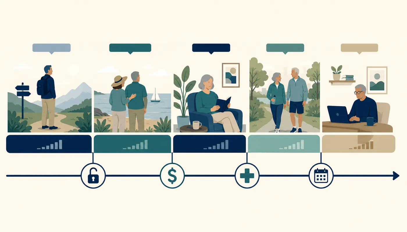 Editorial illustration of retirement drawn as a left-to-right timeline broken into labelled phases, each with its own income sources, healthcare, and balance.