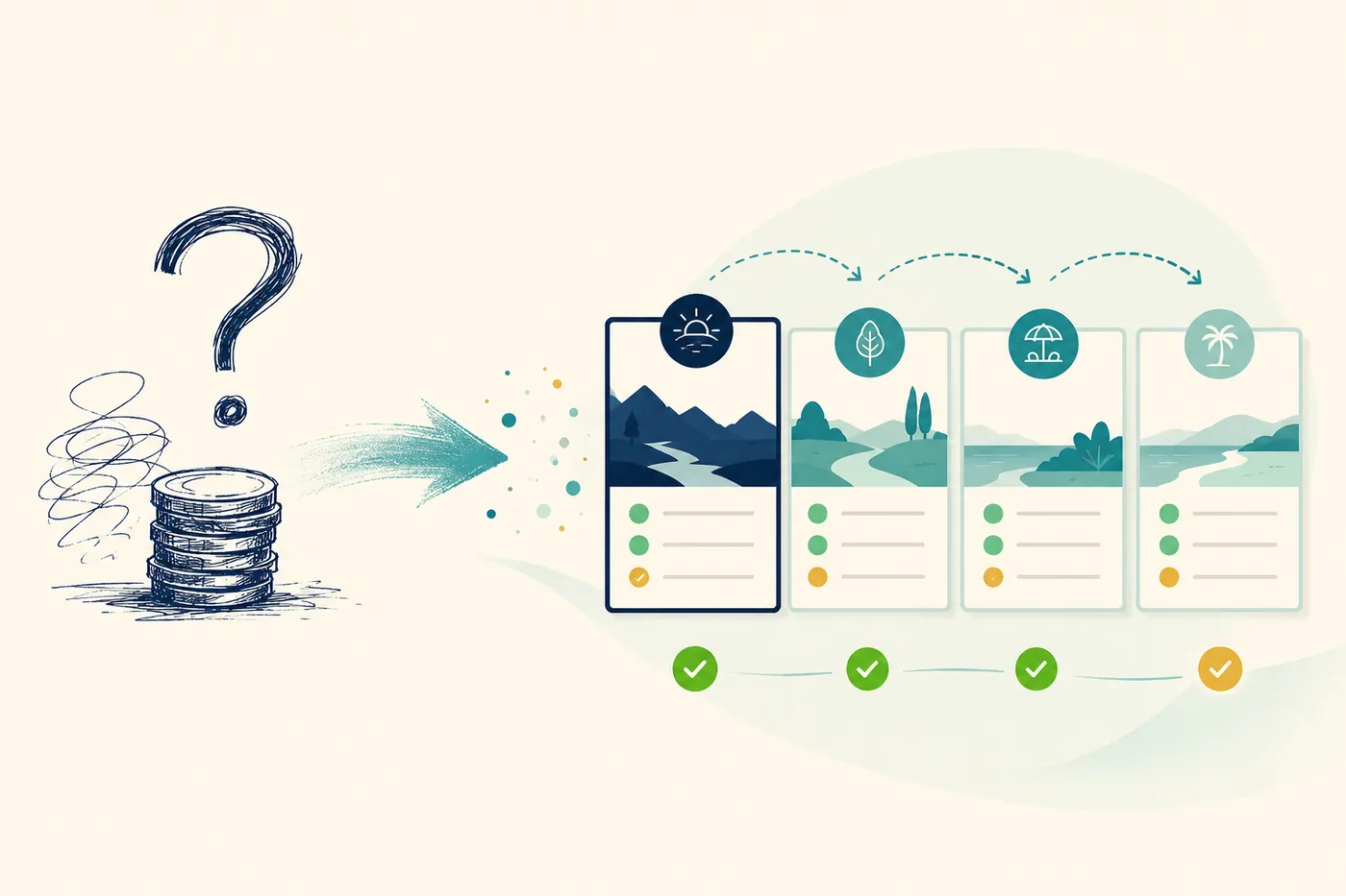 Editorial illustration of a single rough retirement estimate on the left transforming into an organized, reviewed phase-based plan with a baseline and an improved version on the right.