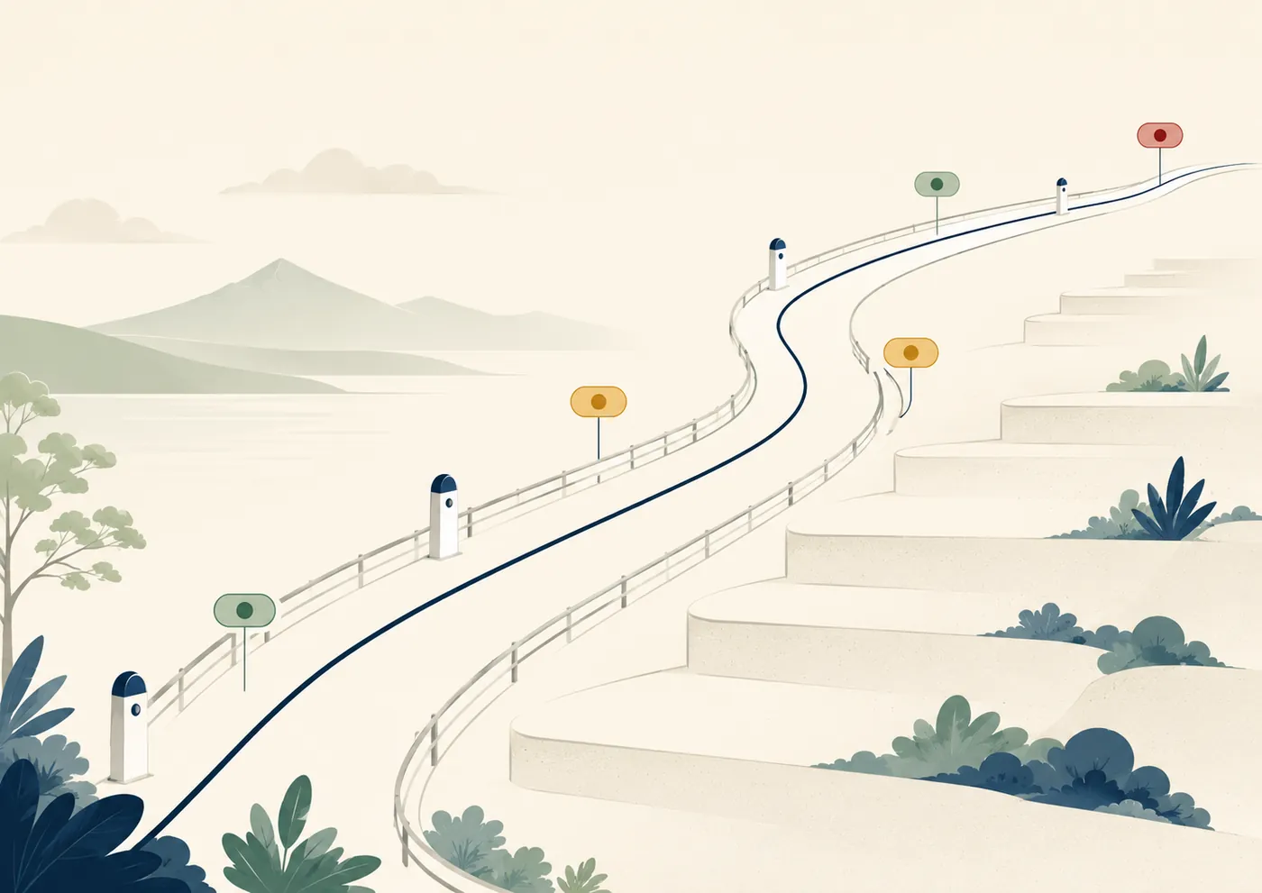 Editorial illustration of a retirement income path running between low protective barriers, with small coloured markers along the roadside signalling caution well before the edge.