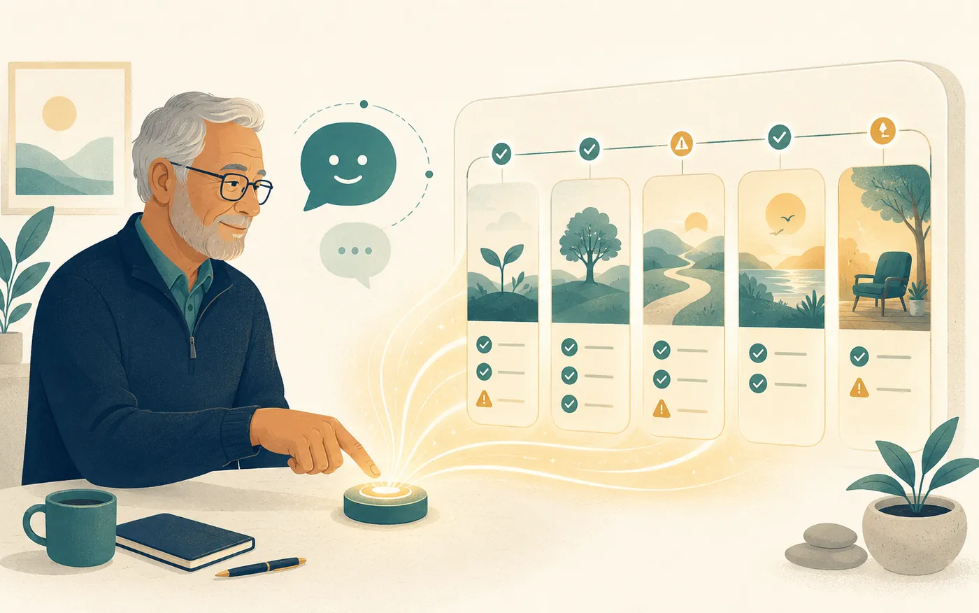 Editorial illustration of a person clicking a single button and a retirement plan lighting up with insights and flagged risks.