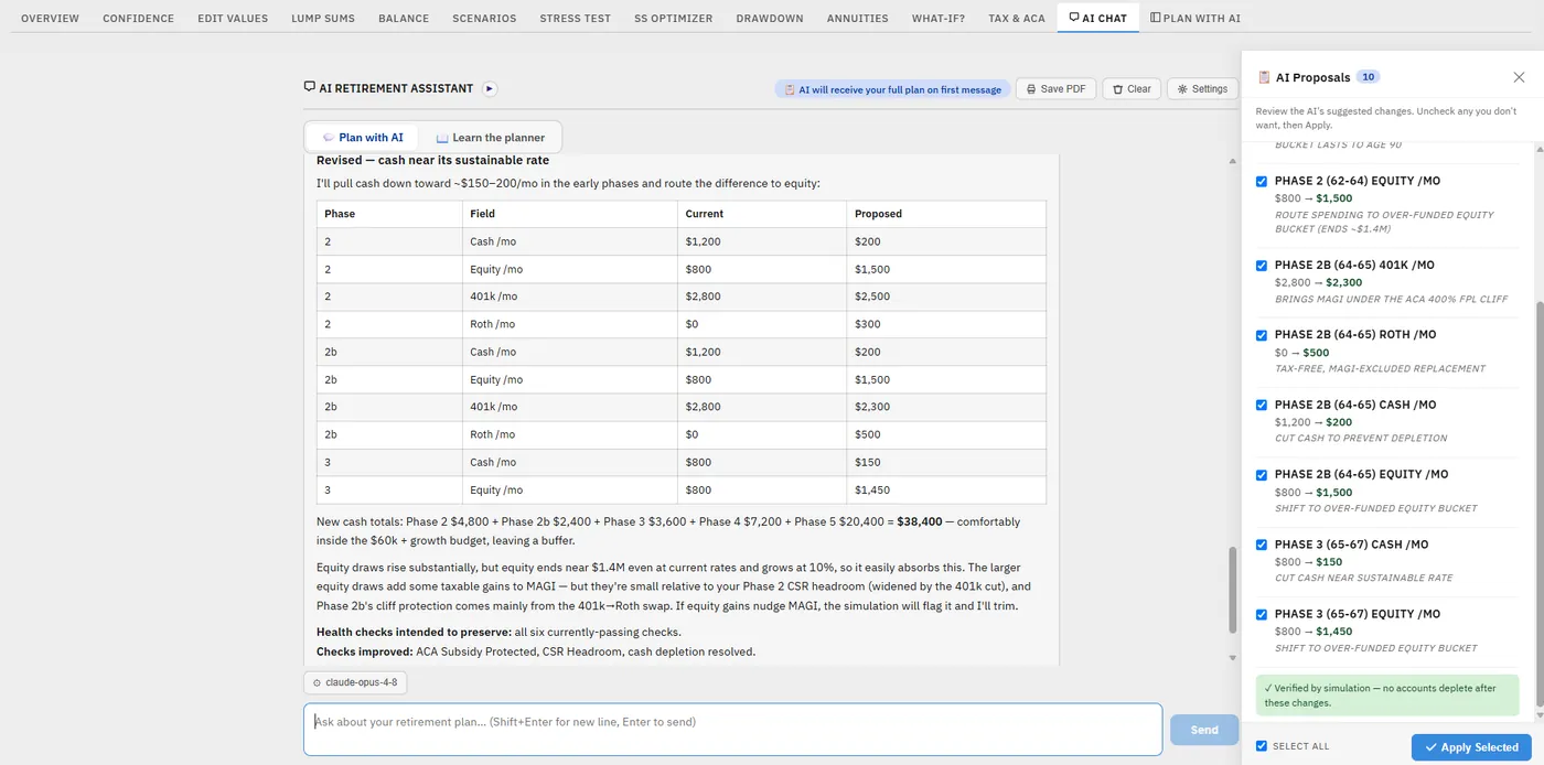 An AI response with a proposed-changes panel of checkboxes and an apply-selected button.