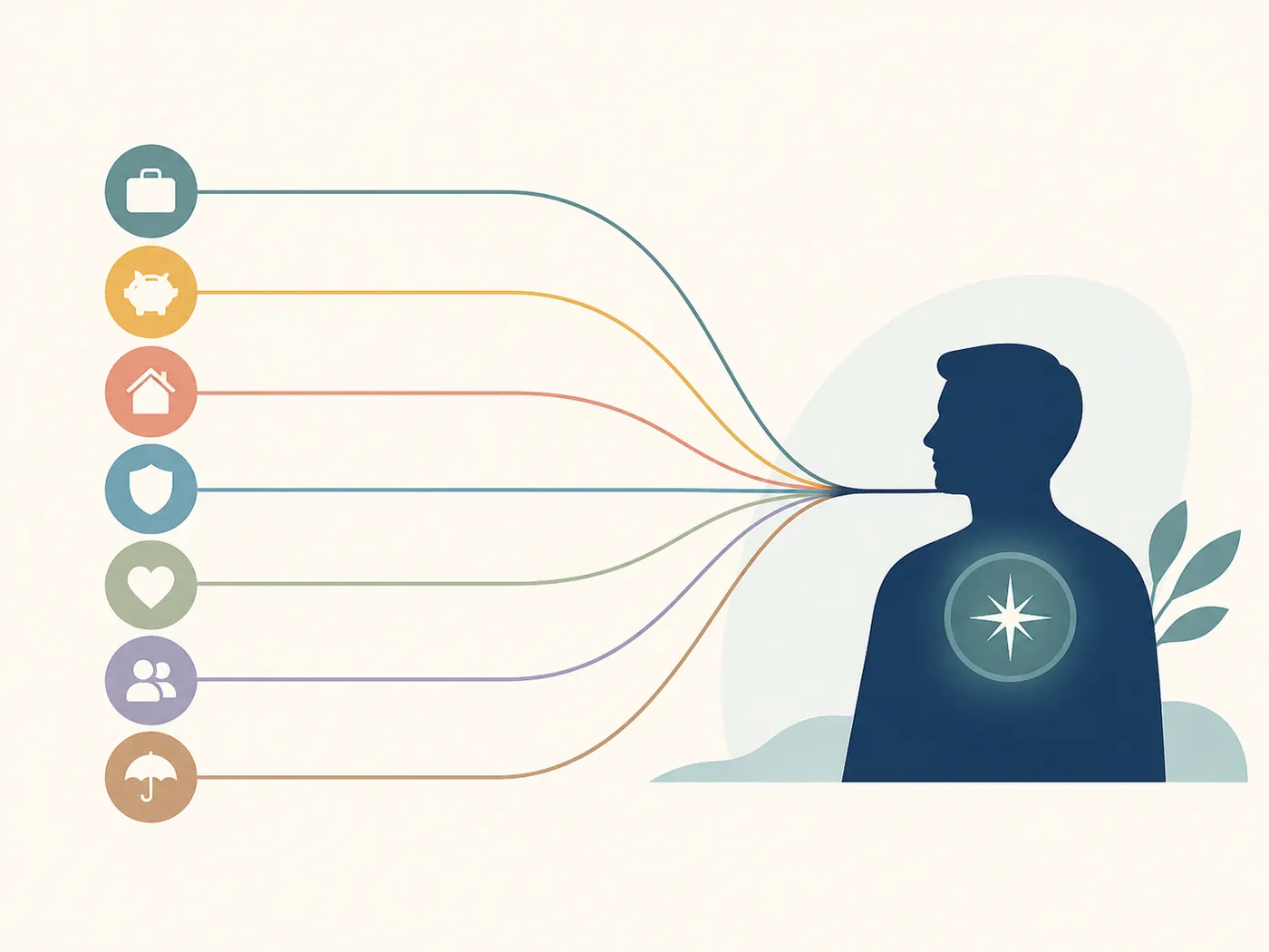 Flat illustration of seven colored circles, each holding a simple icon (a briefcase, a piggy bank, a house, a shield, a heart, two people and an umbrella), with thin curved lines running from every circle and converging on the navy silhouette of a person in profile who has a small glowing compass star on the chest.
