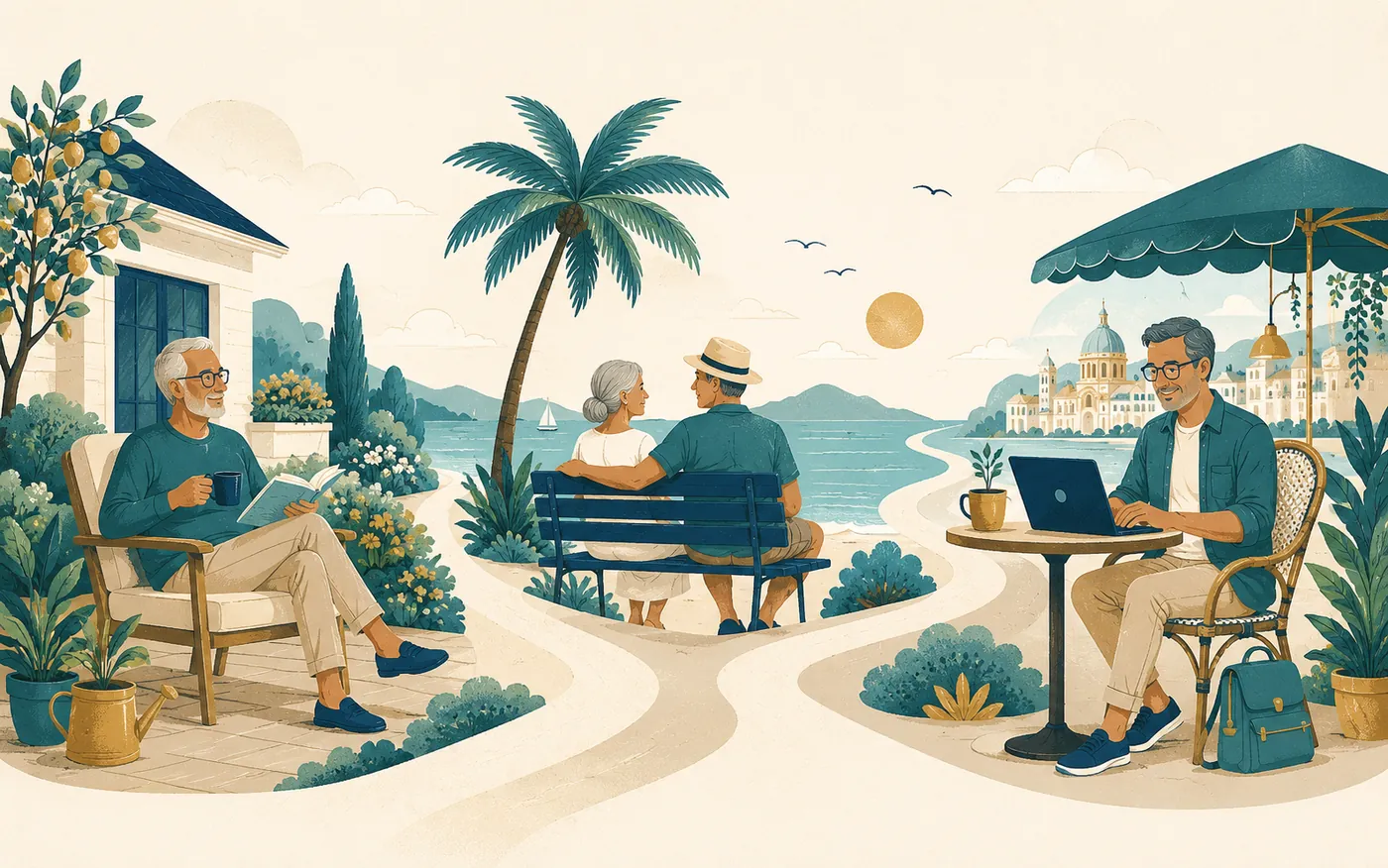 Editorial illustration of three different retirement journeys side by side: an early retiree, an expat by the sea, and a digital nomad with a laptop.