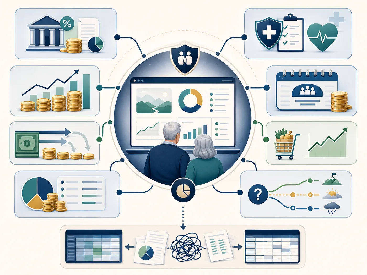 Illustration of the connected parts of a retirement plan — taxes, growth, cash flow, healthcare, Social Security, spending, and scenarios — around a couple's planning dashboard, with tangled spreadsheets below.