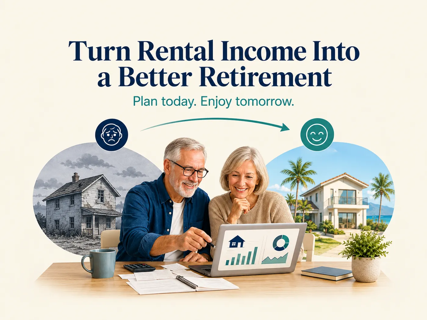 A retired couple at a laptop, framed between a derelict gray house under cloud on the left and a well-kept rental in sunshine on the right, with an arrow curving from a downcast face to a smiling one. Headline: Turn Rental Income Into a Better Retirement. Plan today. Enjoy tomorrow.