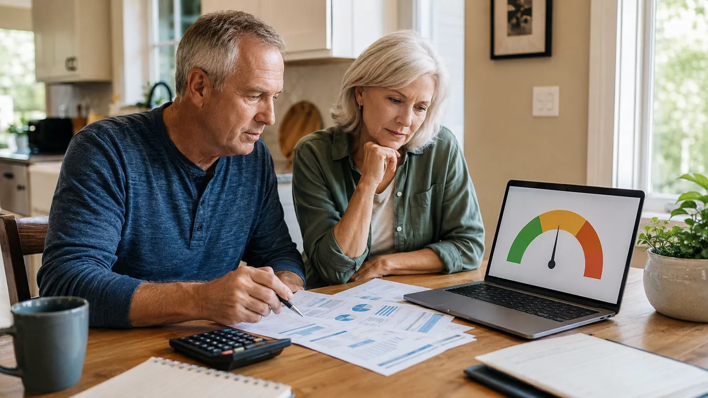 An older couple reviewing retirement finances at a kitchen table with a laptop showing a confidence gauge, printouts, and a calculator.