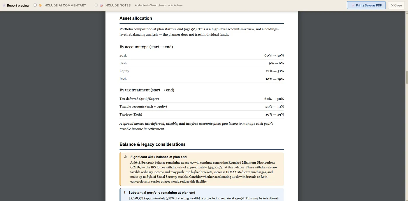AI Retirement Income Planner Report preview showing asset allocation by account type and tax treatment plus balance and legacy considerations, ready to print or save as PDF.