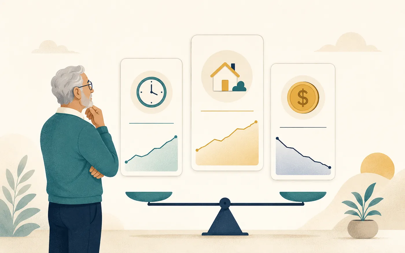 Editorial illustration of a person comparing three retirement plan versions laid out side by side, weighing the trade-offs between them.