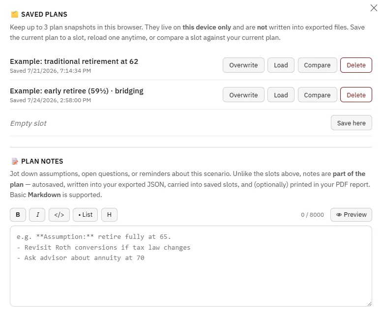 The planner's Saved plans panel showing up to three plan slots, each with a name and a status badge, with save, reload, and compare controls.