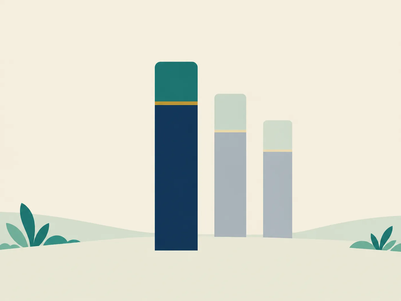 Illustration of three retirement income bars of decreasing height, each split by a thin gold line into a large block of fixed debt repayment at the base and a much smaller section above it for everything else. The shorter the bar, the less is left above the line.