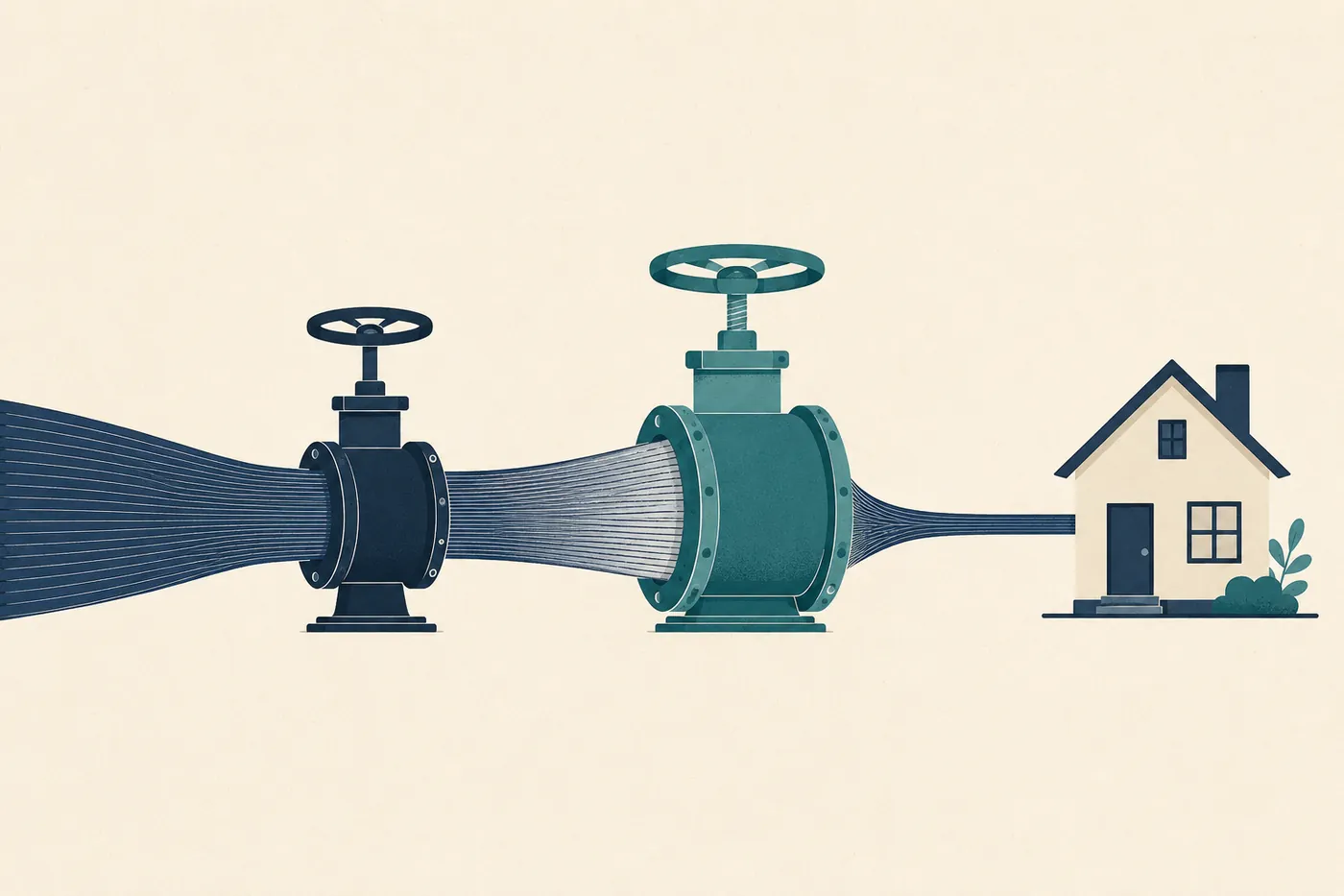 Editorial illustration of one retirement income stream passing through two separate meters, a federal one and a state one, before reaching a household.