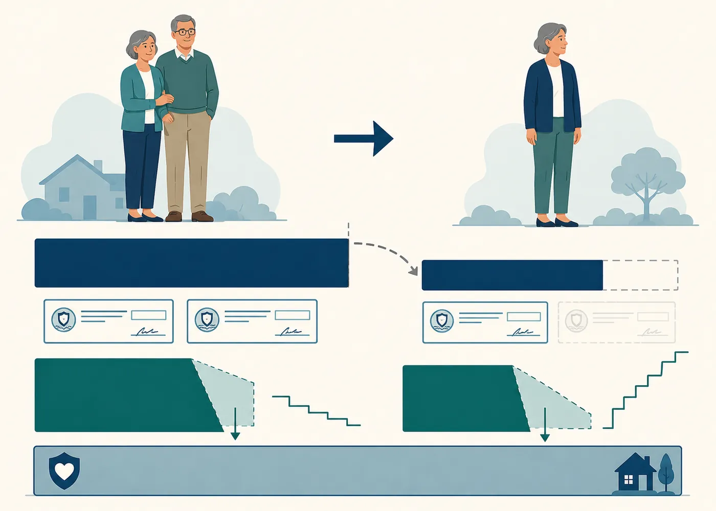 Editorial illustration of the widow's tax cliff: a surviving spouse's household income steps down as one Social Security check stops while a larger tax slice is taken under single-filer brackets.