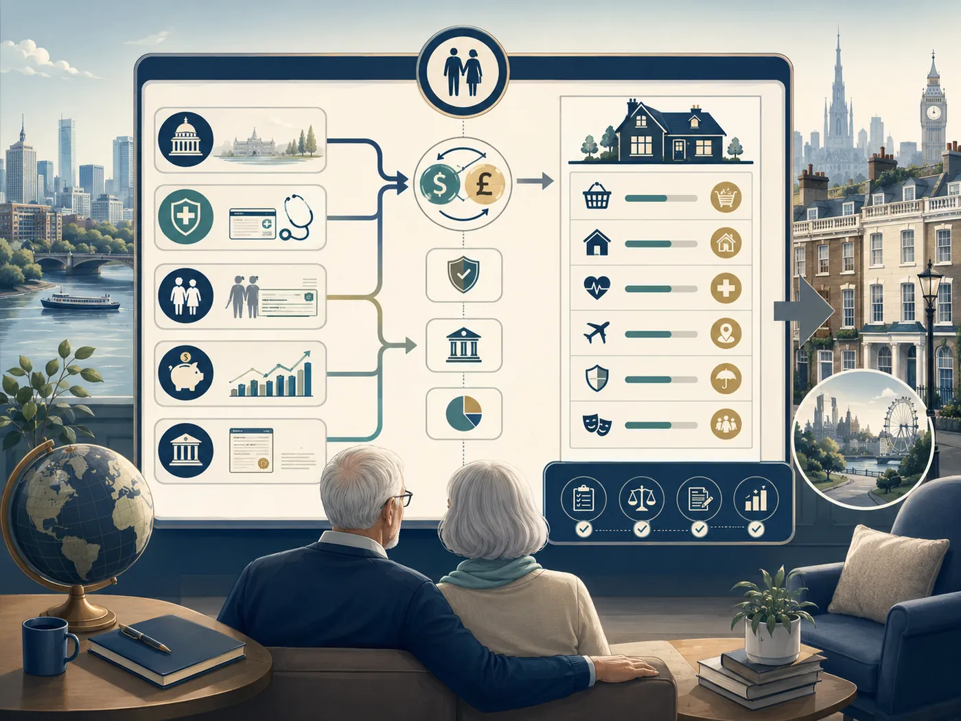 Illustration of an older couple on a sofa, seen from behind, looking at a large wall board. Five icon rows on the left (government, healthcare, a couple, savings and a bank) flow through a dollar-and-pound exchange symbol to a house and six spending bars, above a row of four ticked checklist icons. A river and city skyline sit on the left; a London terrace, Big Ben and the London Eye on the right.
