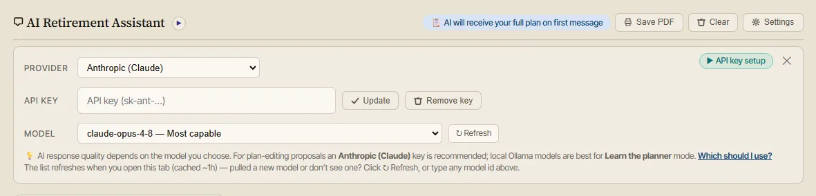 AI Retirement Assistant settings panel showing the provider dropdown set to Anthropic (Claude), the API key field with Update and Remove key buttons, the model selector, and a Refresh button.