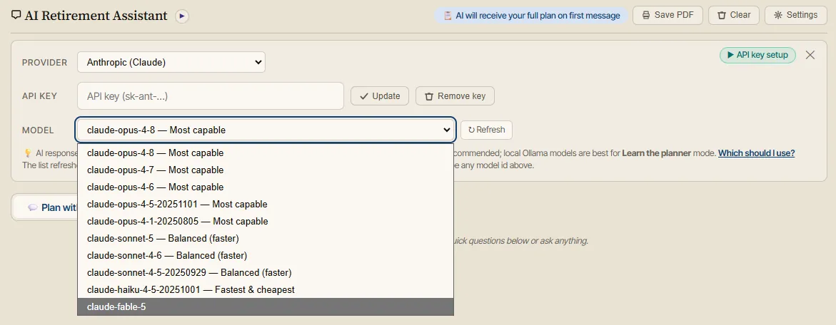 The model selector dropdown open in the AI Retirement Assistant, listing Claude models from claude-opus-4-8 (Most capable) through Sonnet, Haiku, and Fable 5.