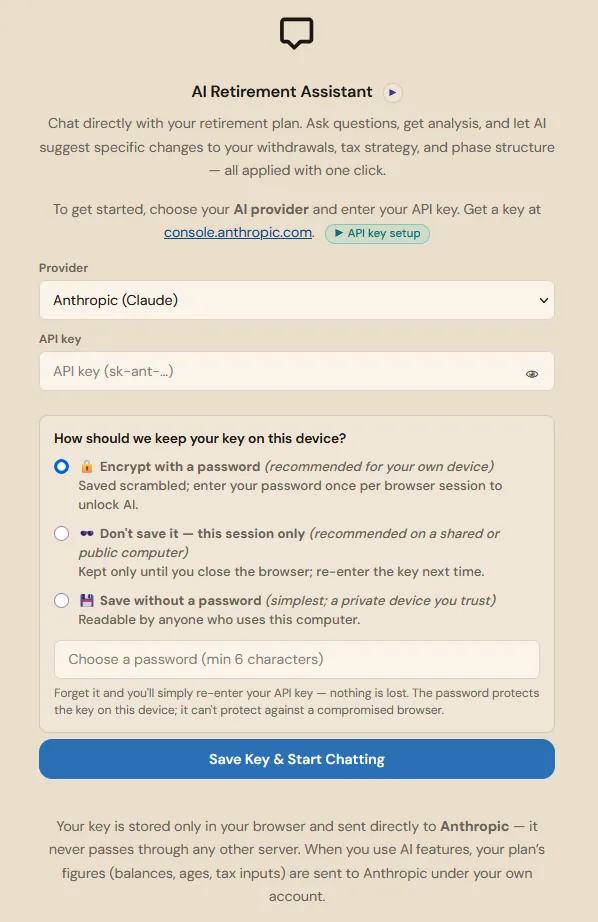 The AI setup screen showing three ways to keep your API key on the device: encrypt with a password, do not save it, or save without a password, with a Save Key and Start Chatting button.
