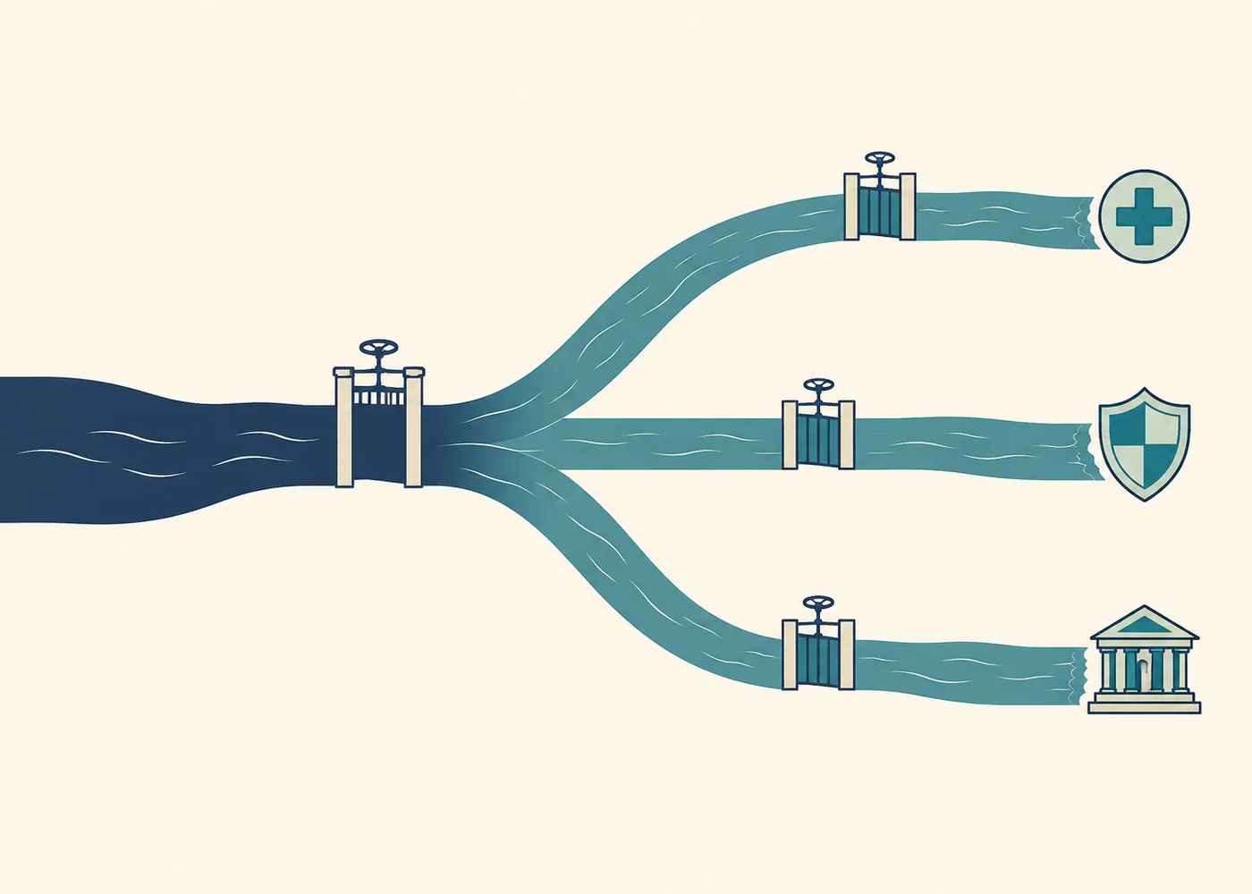 Editorial illustration of one wide river of income passing through a gate and splitting into three separate channels, each with its own gate at a different point, running to a medical cross, a shield and a government building.