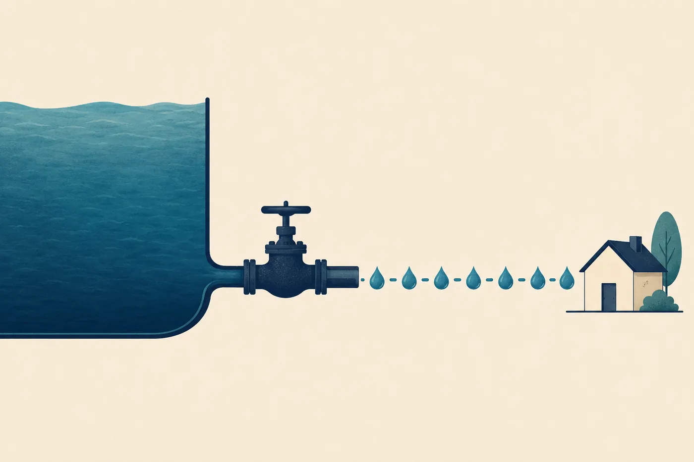 Editorial illustration of a single large reservoir being converted into a steady, regulated flow reaching a household month after month.