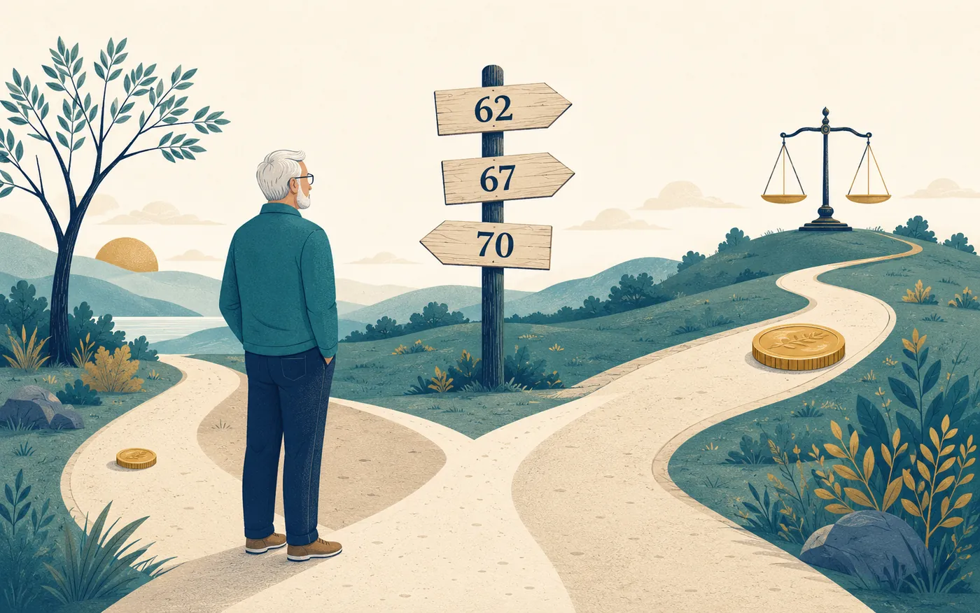 Editorial illustration of a retiree at a signposted crossroads marked 62, 67, and 70, weighing a smaller check now against a larger check later.