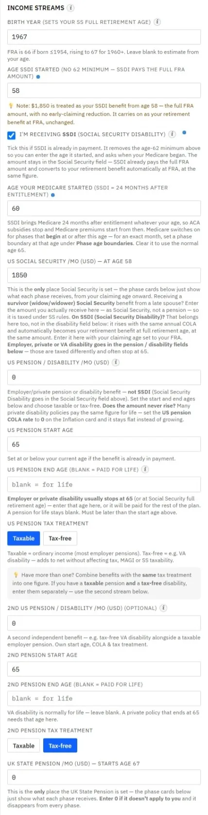 The SSDI checkbox ticked in the planner, revealing the age SSDI started set below 62 and a field for the age Medicare began, with explanatory text underneath each.