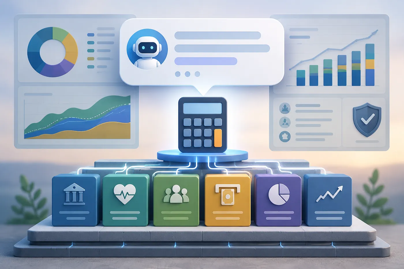 Illustration of a retirement calculator on a pedestal with an AI chat bubble above it, built on blocks for banking, healthcare, household, income, taxes, and market growth, with charts and a security shield in the background.