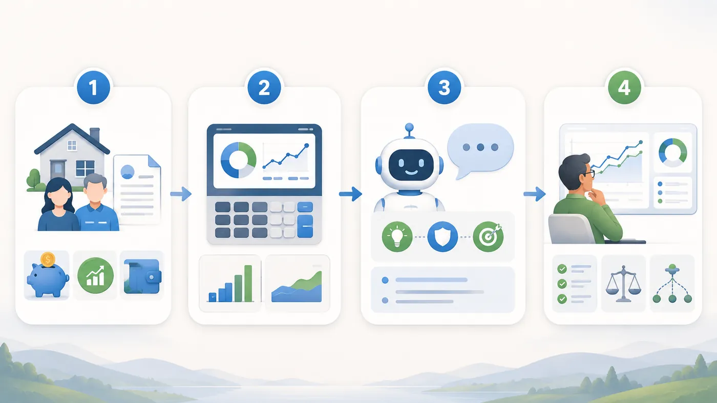 Four-step illustration of calculator-backed AI: enter household facts, run the calculator, ask AI to explain the result, then review and approve before applying any change.
