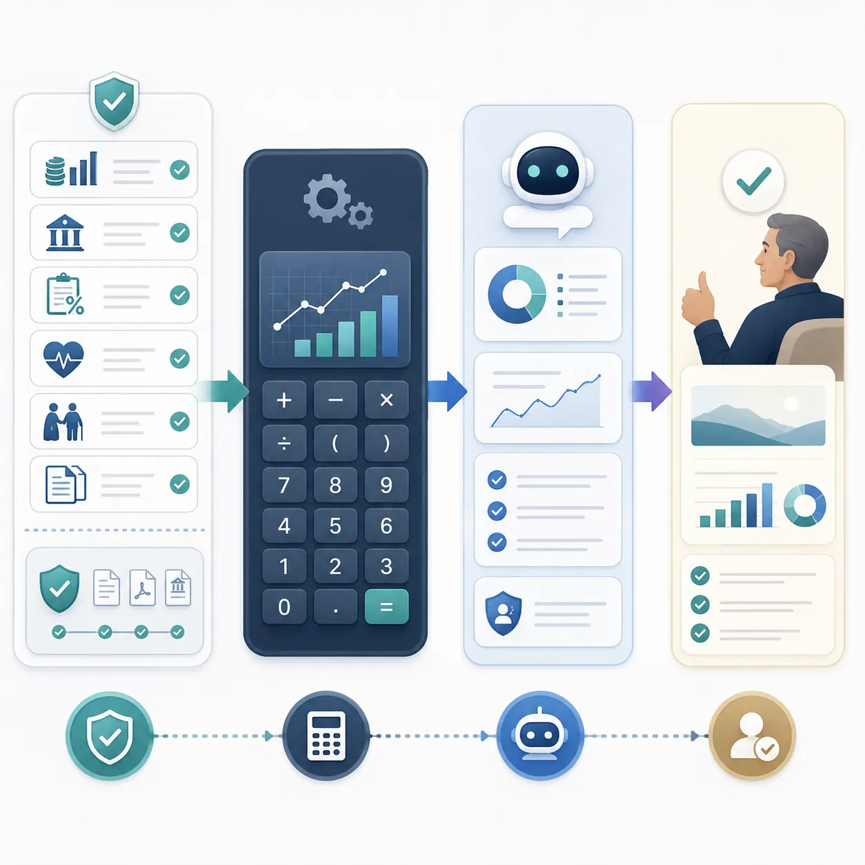 Illustration of a verified-inputs retirement workflow: a checklist of verified financial inputs feeds a calculator, an AI assistant then explains the calculated result, and the user approves the plan.