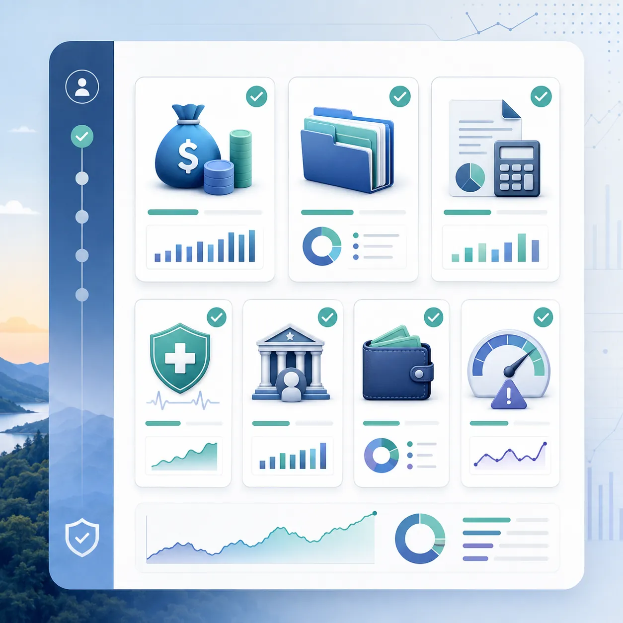 Stylized dashboard of verified retirement inputs shown as icon cards for savings, accounts, documents, healthcare, pensions, spending, and a confidence gauge, each marked with a verified checkmark.