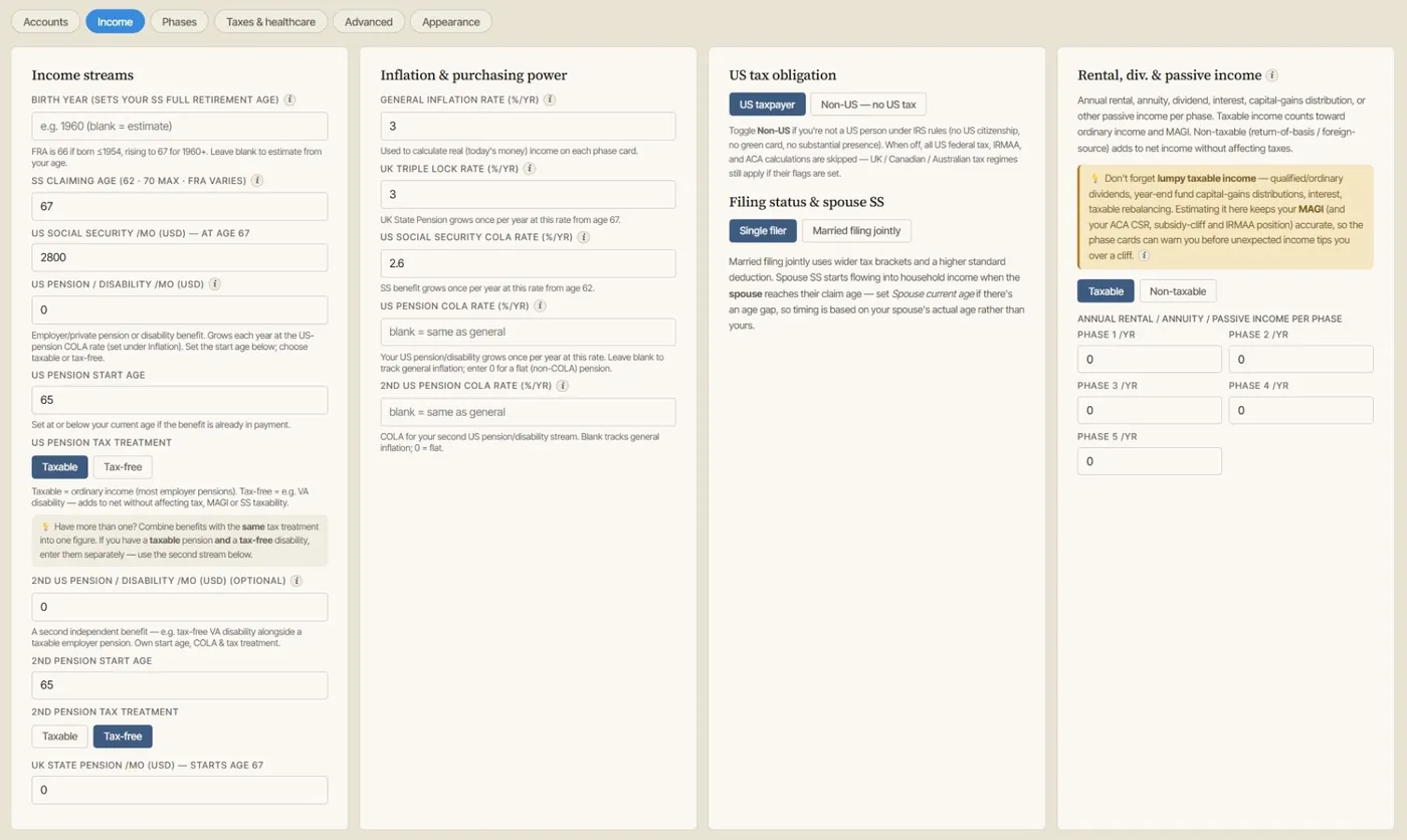 AI Retirement Income Planner Edit values income tab showing income streams, birth year and Social Security claiming age, US Social Security and pension amounts with COLA and tax-treatment toggles, general inflation and Social Security COLA rates, US taxpayer and filing-status toggles, and per-phase rental and passive income fields.