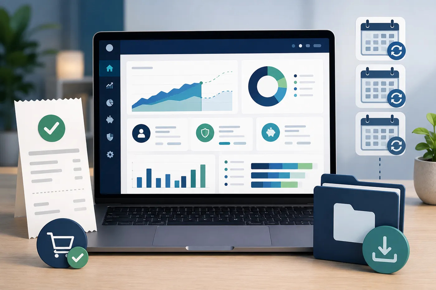 Illustration of a laptop showing a retirement planning dashboard with charts, a receipt marked paid, a download icon, and recurring-reminder calendar cards, representing a one-time purchase versus ongoing renewals.