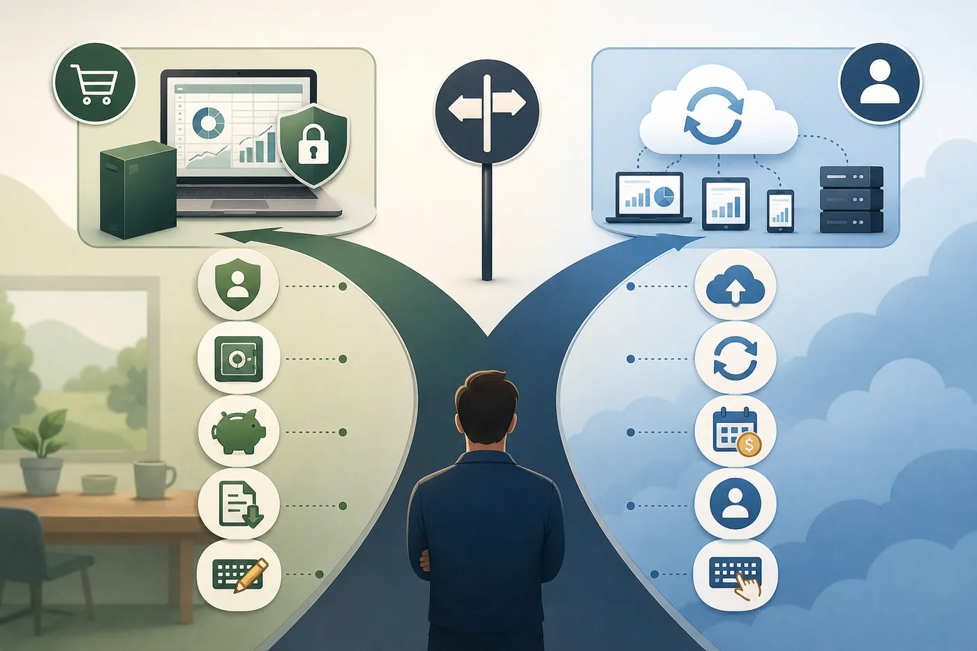 Split illustration of a person at a fork in the road choosing between a private, locally-owned retirement planner on one path and a cloud-synced, account-based planner on the other.