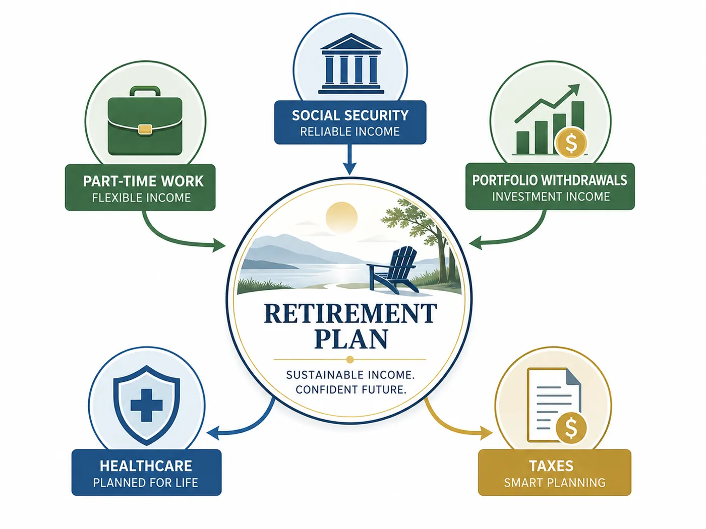 Illustration of a retirement plan hub fed by part-time work, Social Security, portfolio withdrawals, healthcare, and taxes.