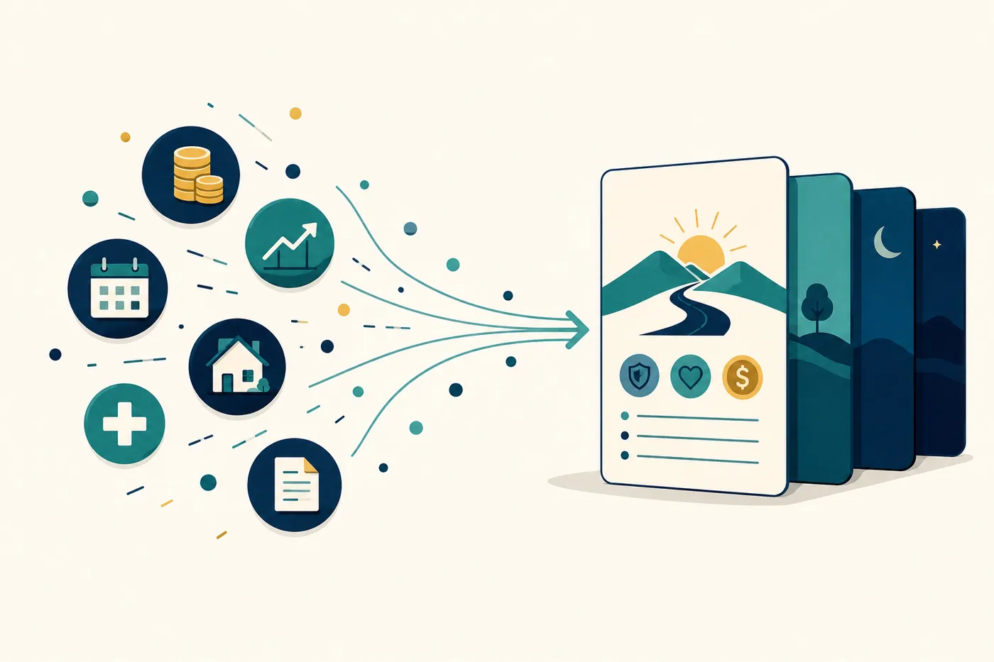 Editorial illustration of a first retirement planning session, with scattered inputs coming together into an organized baseline plan of phase cards.