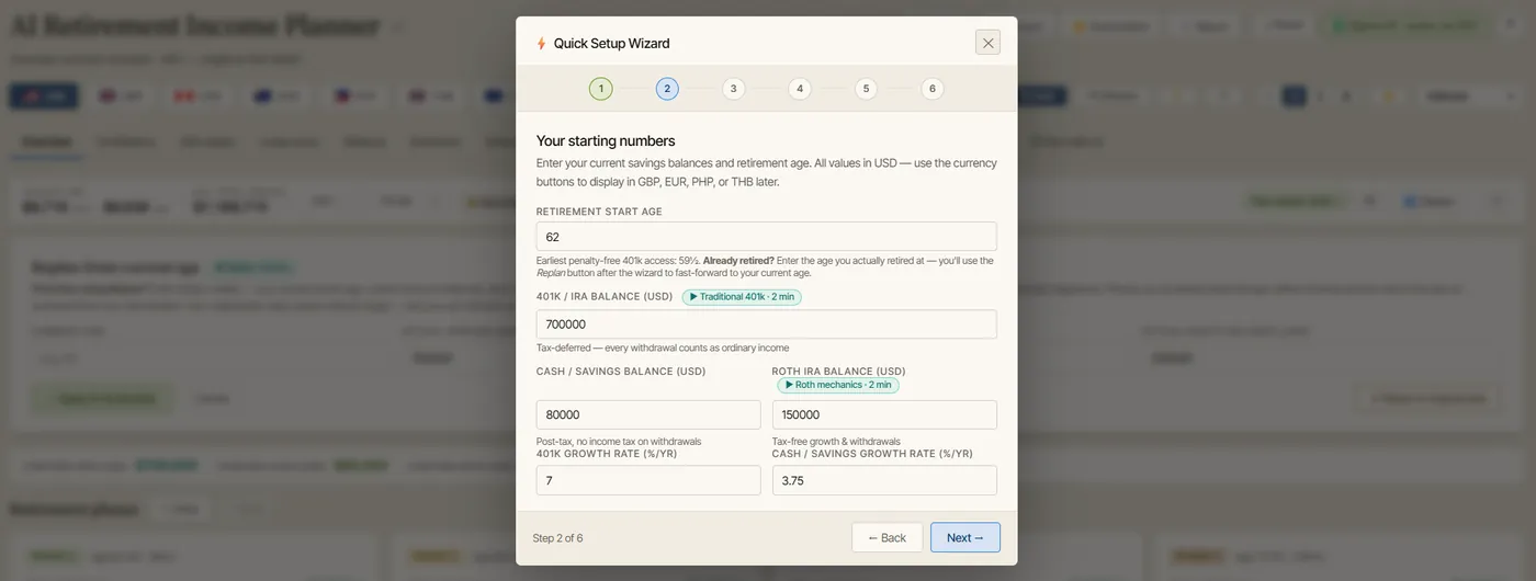 The planner's first-run setup, pre-filled with example numbers and offering a setup wizard to build a baseline plan.
