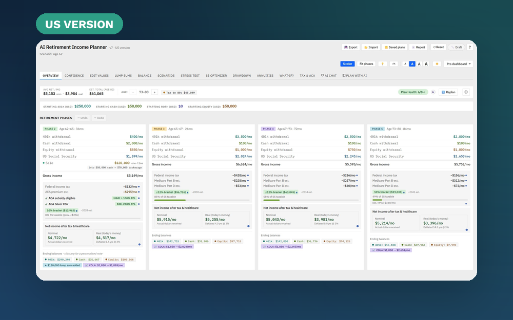 AI Retirement Income Planner v7 US version dashboard