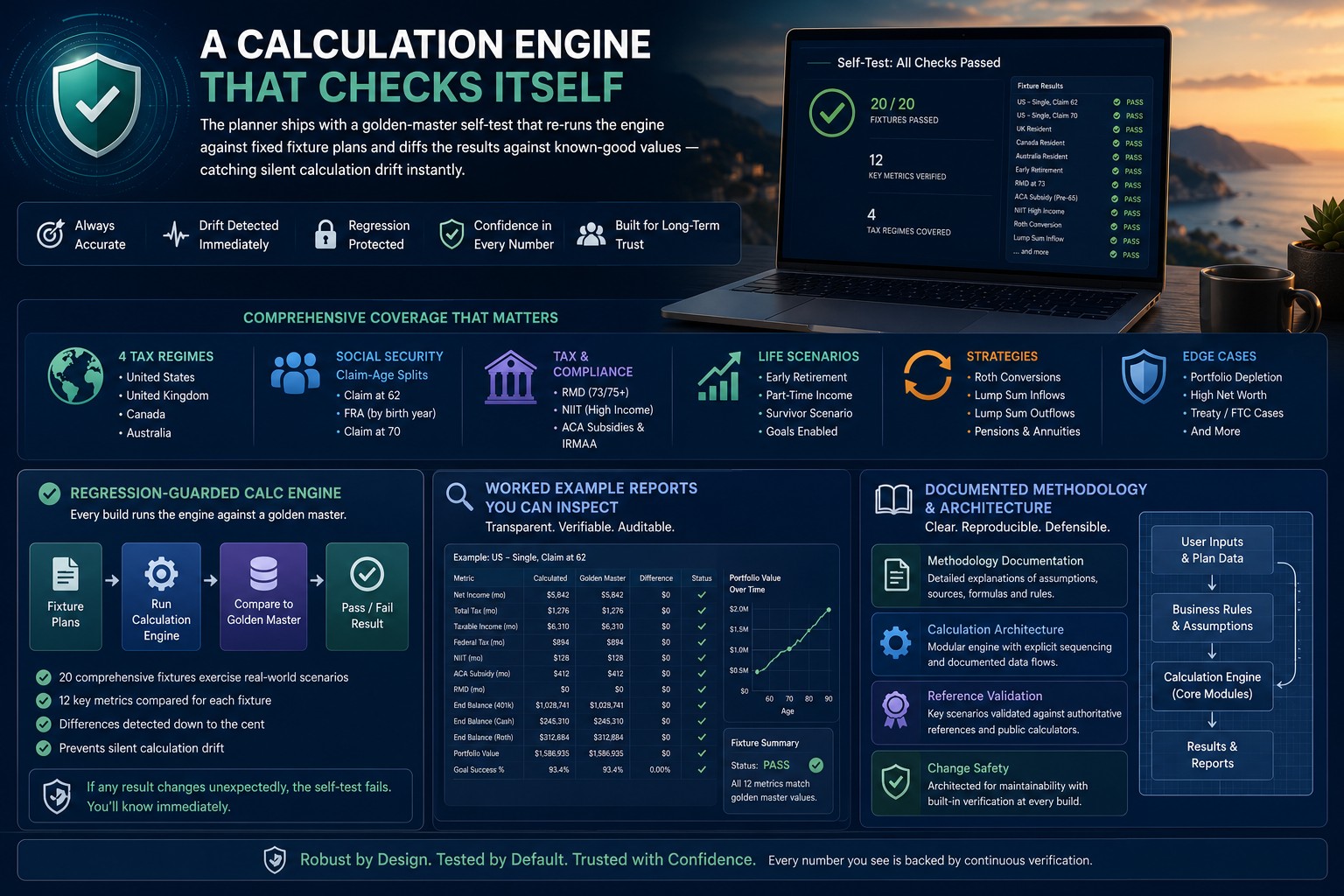 A golden-master self-test re-running the engine against fixture plans to catch calculation drift.